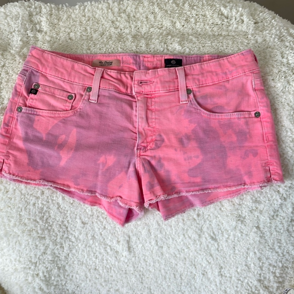 AG ADRIANO GOLDSCHIED Daisy Low-rise Shorts are Neon Pink and Purple Tie dye